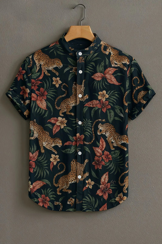 Men's Black Casual Shirt with Leopard & Floral Print
