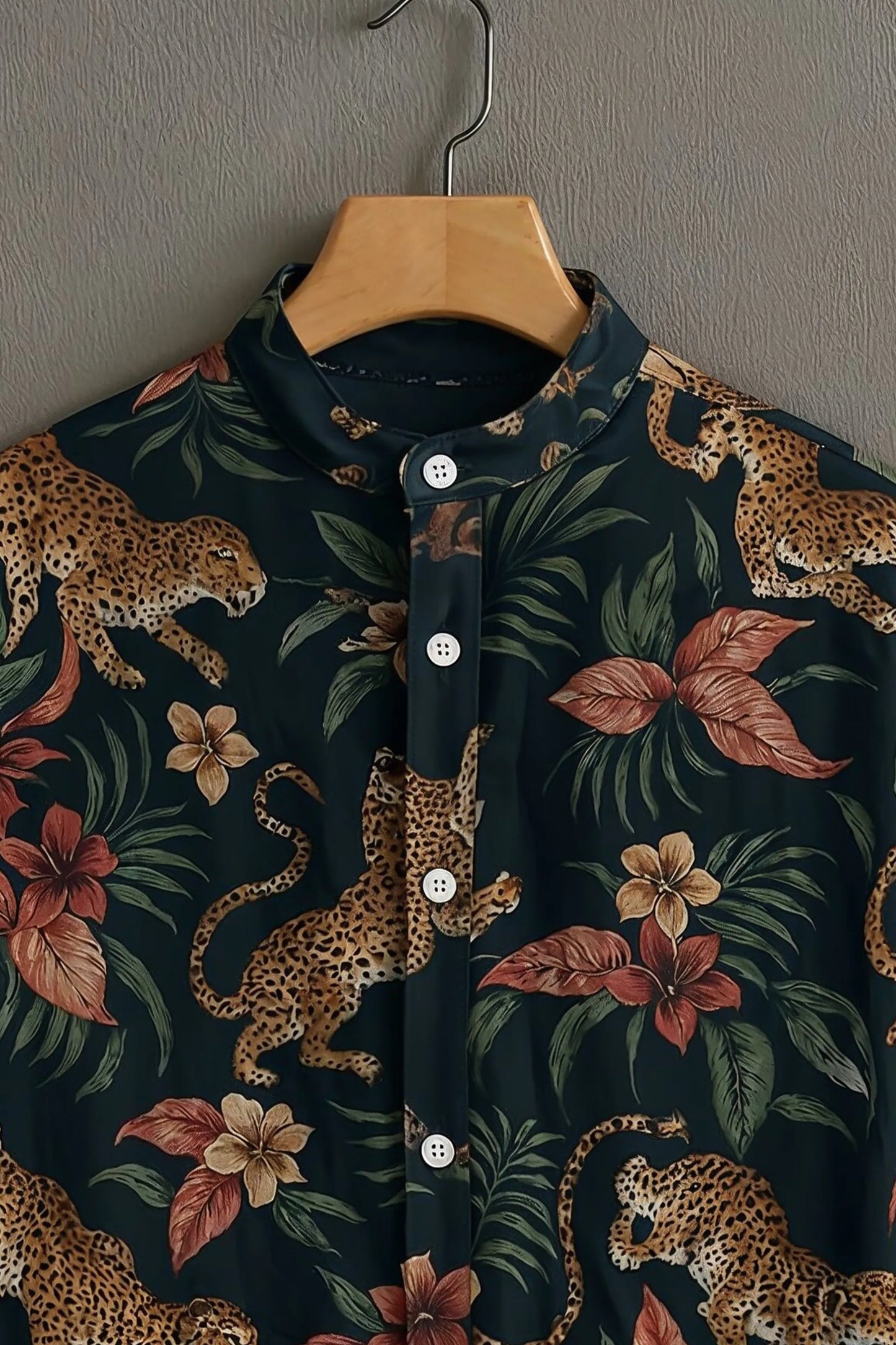 Men's Black Casual Shirt with Leopard & Floral Print