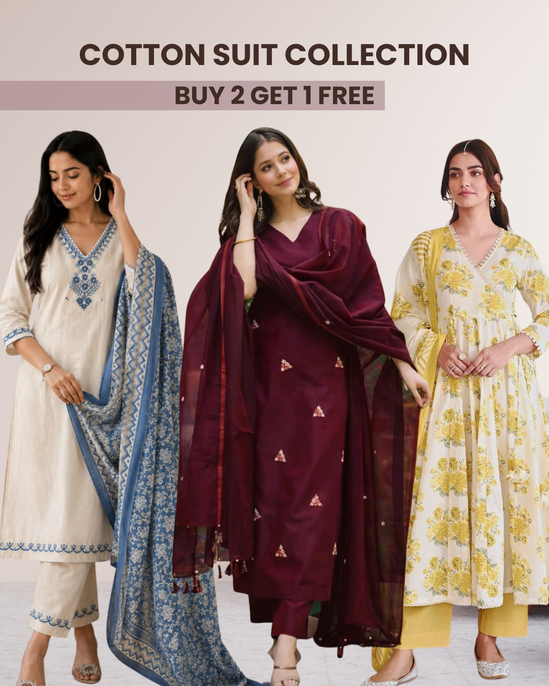 Aurulia Ethnic Set Buy 2 Get 1 Free - COTTON SUIT SET
